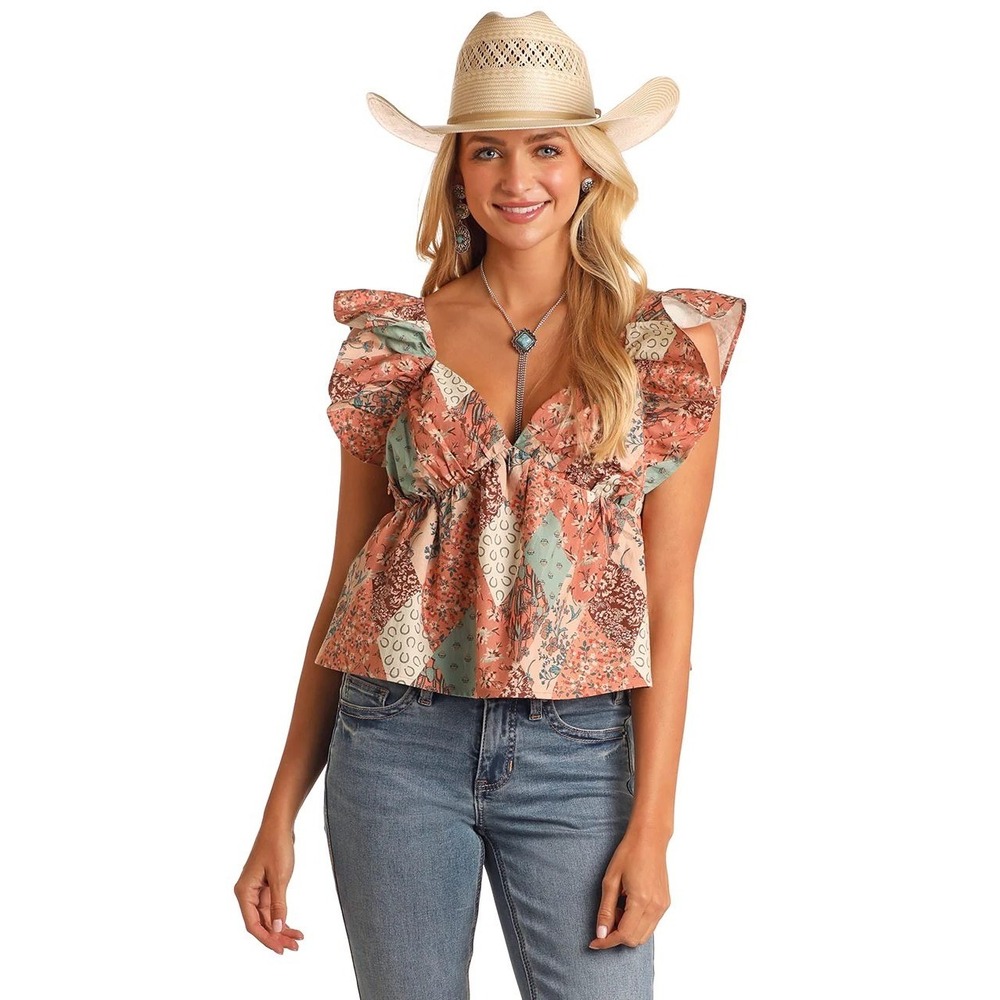 Rock & Roll Denim Womens Patchwork Floral Ruffle Babydoll Top Rust Teal Large